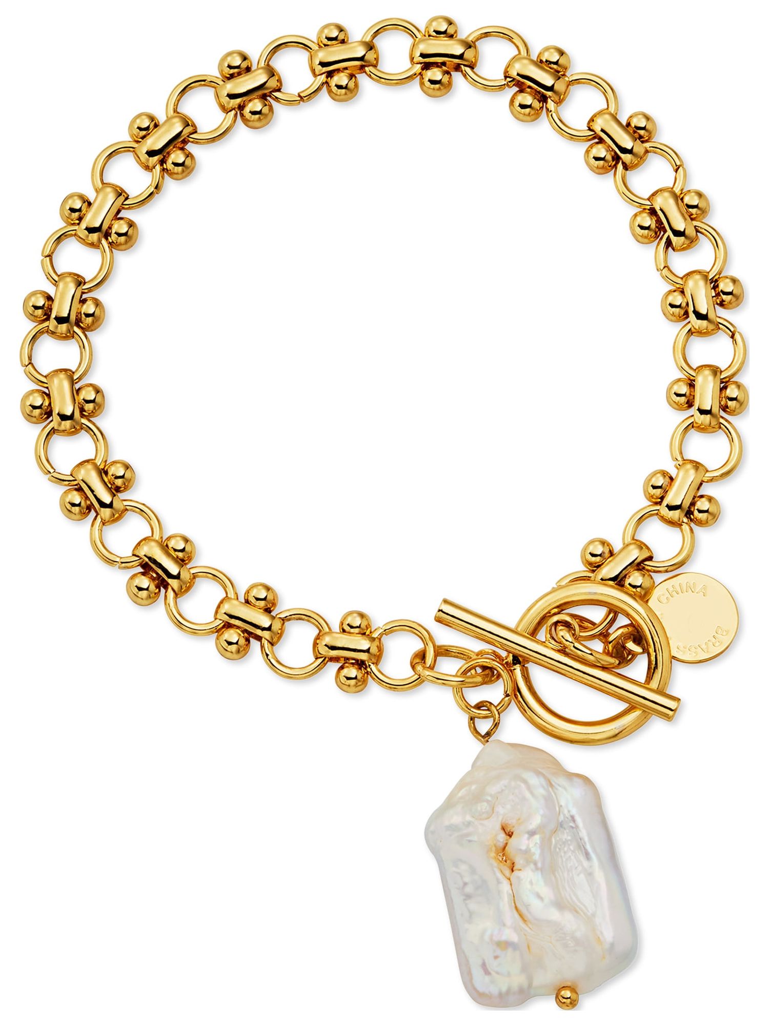 Scoop Womens Brass Yellow Gold-Plated Imitation Pearl Link Toggle Bracelet, 7.5'' - image 1 of 3