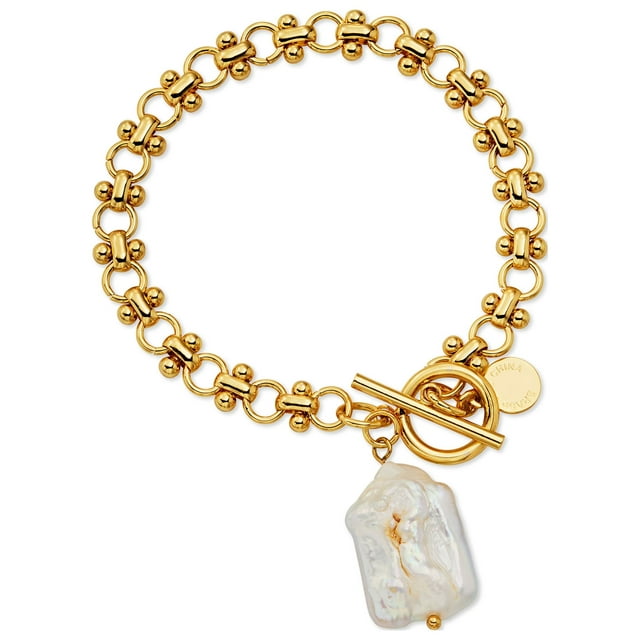 Scoop Womens Brass Yellow Gold-Plated Imitation Pearl Link Toggle Bracelet, 7.5''