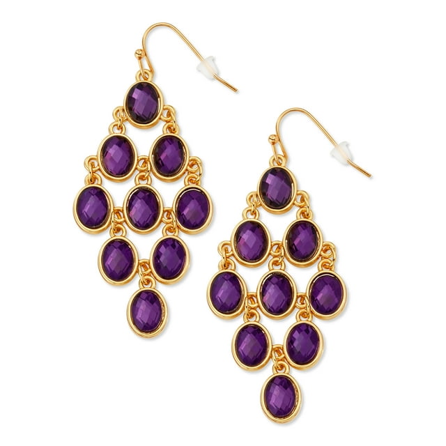 Scoop Womens Brass Yellow Gold-Plated Purple Stone Chandelier Dangle Earrings
