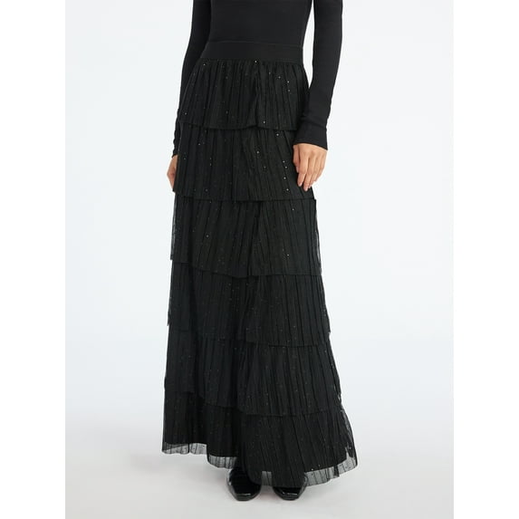 Scoop Women's and Women's Plus Glitter Ruffle Maxi Skirt, Sizes XS-4X
