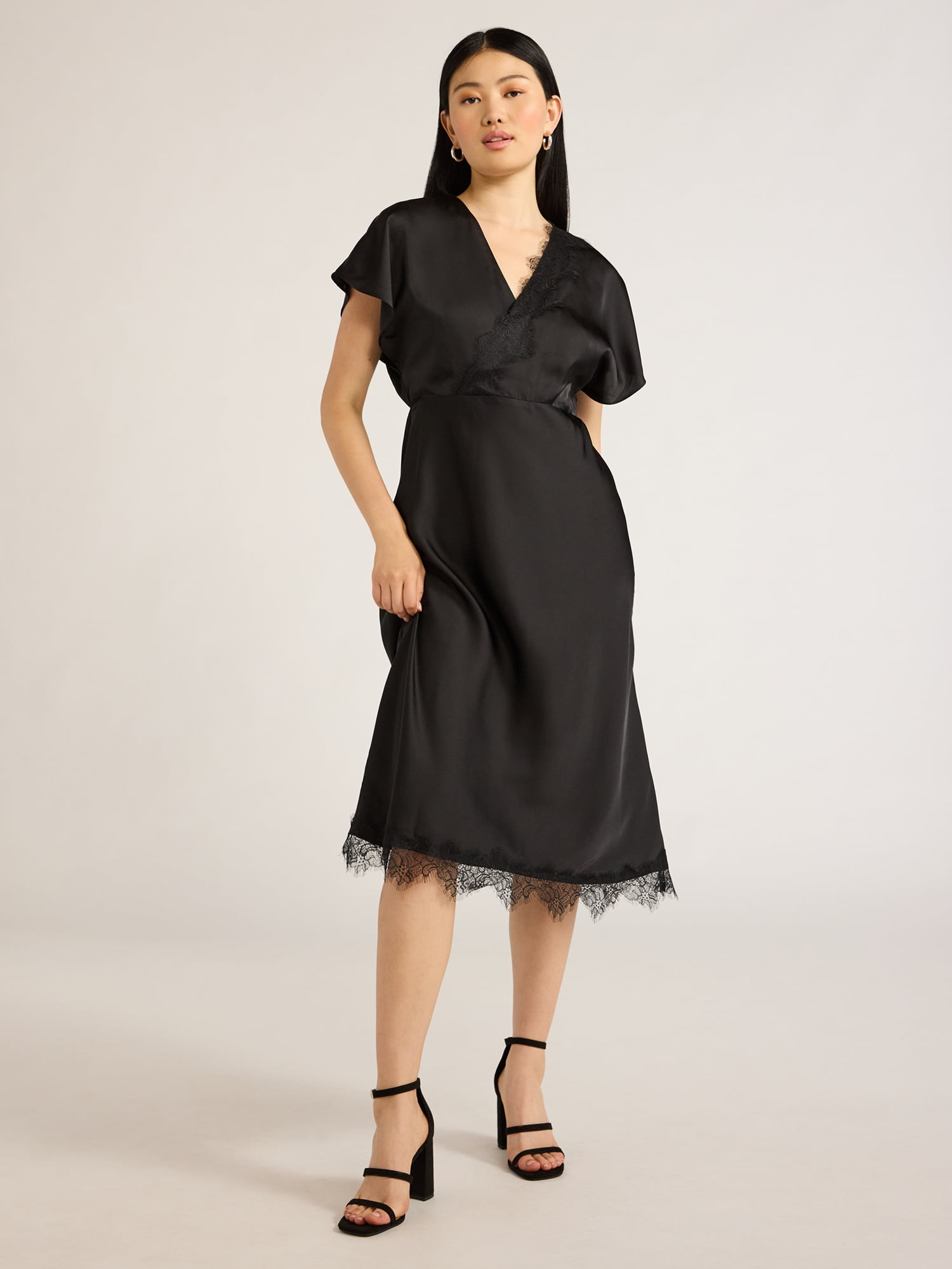 Scoop Women’s Lace Trimmed Bias Cut Midi Dress with Flutter Sleeves, Sizes XS-XXL