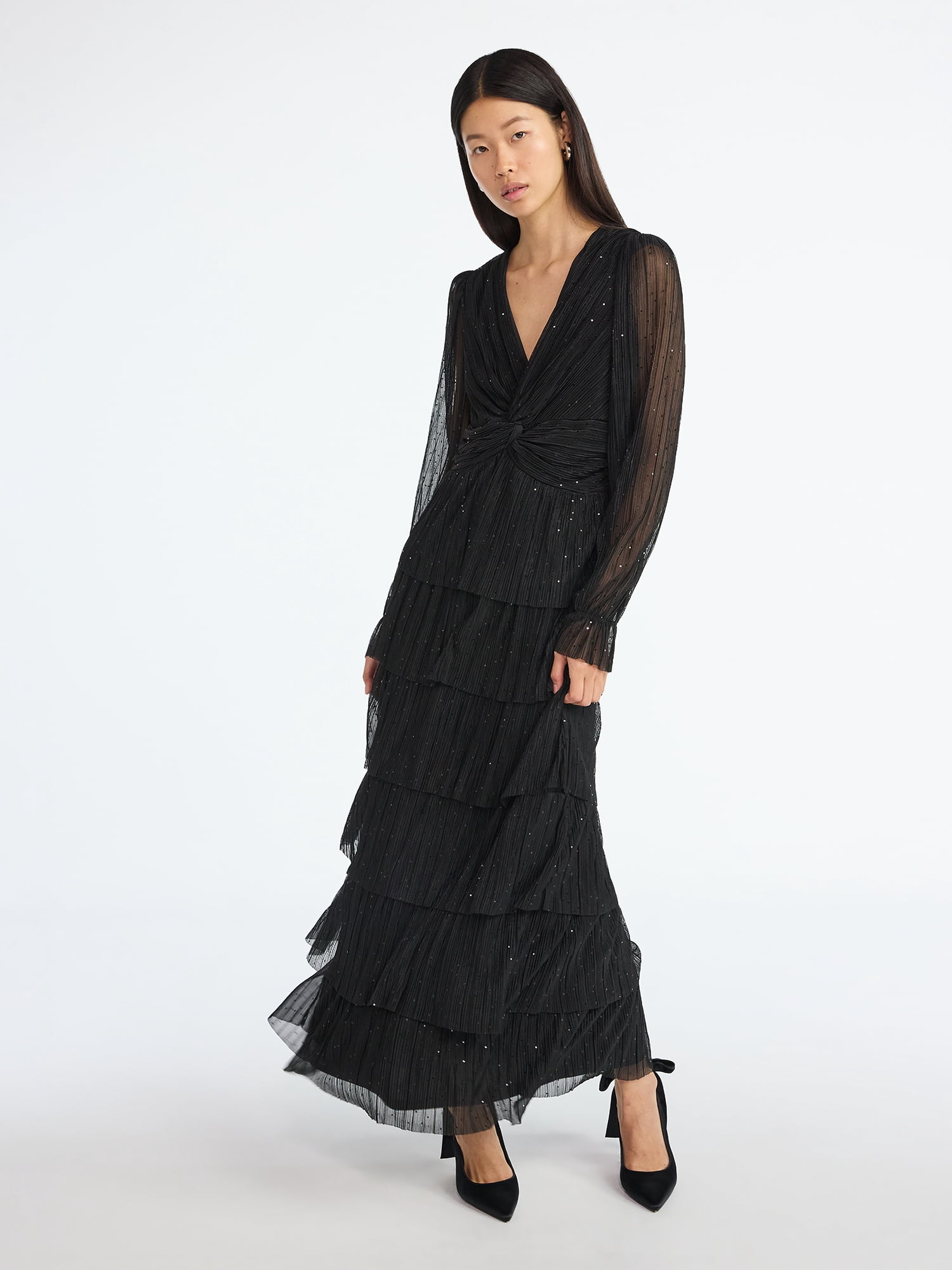 Scoop Women's and Women's Plus Glitter Ruffle Maxi Dress, Sizes XS-4X