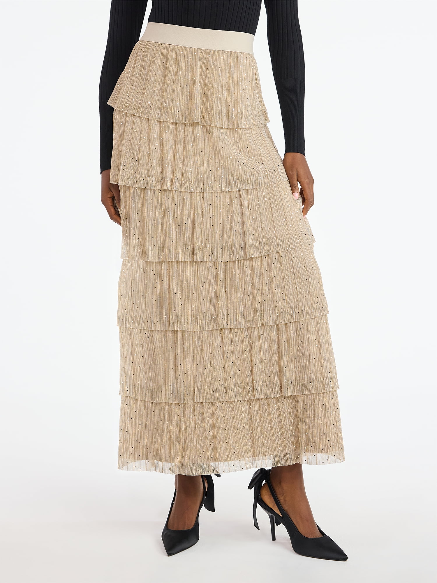 Scoop Women's and Women's Plus Glitter Ruffle Maxi Skirt, Sizes XS-4X