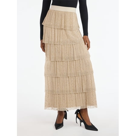 Scoop Women's and Women's Plus Glitter Ruffle Maxi Skirt, Sizes XS-4X