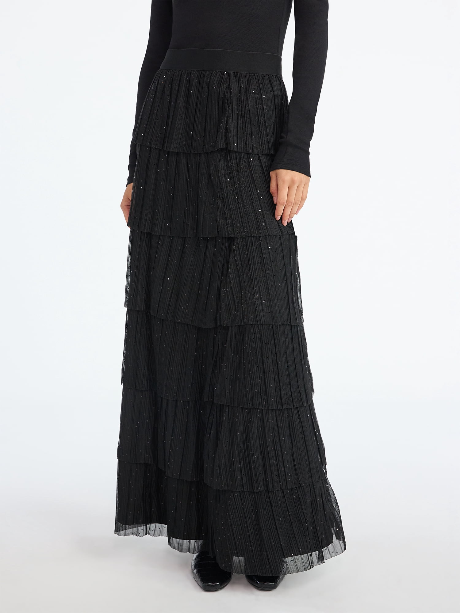 Scoop Women's and Women's Plus Glitter Ruffle Maxi Skirt, Sizes XS-4X