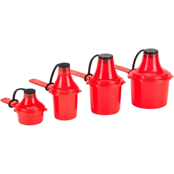 The Scoopie, (15 cc 30 cc 60 cc 90 cc - 15 mL 30 mL 60 mL 90 mL) To-go Scoop with Funnel System, Food Storage Container for Powders and Supplements, Pre and Post Workout Multi-Pack (4), Red