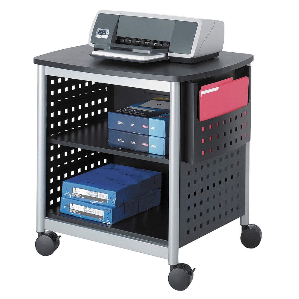 Black and Silver Mobile Desk-Side Printer Stand with Adjustable Shelf