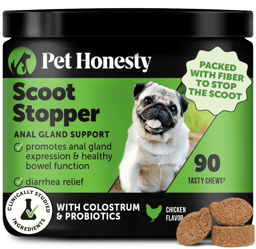 Pet Honesty Scoot Stopper - Complete Anal Gland Support with Fiber, Prebiotics & Probiotics - No Scoot for Dogs (90 ct)