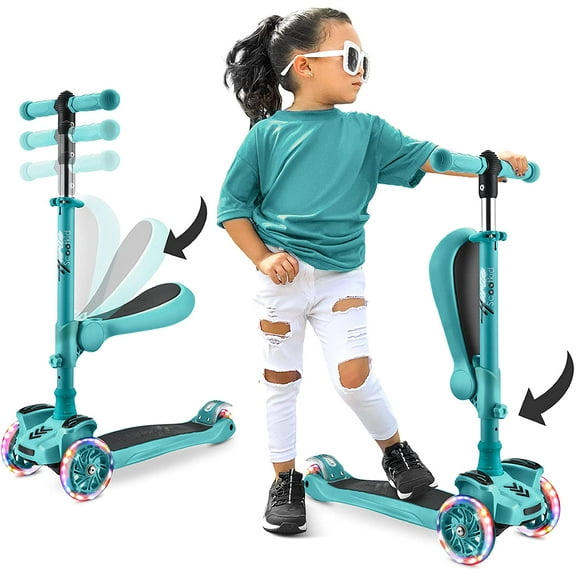 ScootKid 3-Wheel Kids Scooter - Child & Toddler Toy Scooter with Built-in LED Wheel Lights, Fold-Out Comfort Seat (Ages 1+) (Teal Blue)