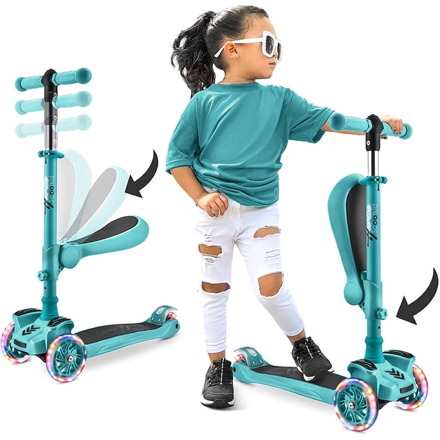 ScootKid 3-Wheel Kids Scooter - Child & Toddler Toy Scooter with Built-in LED Wheel Lights, Fold-Out Comfort Seat (Ages 1+) (Teal Blue)