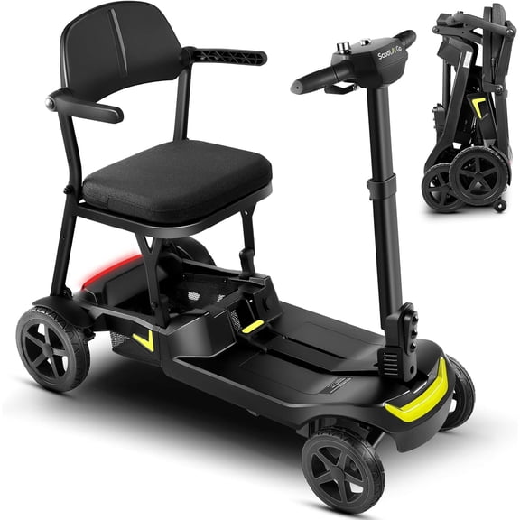 ScootNGo Lite 39 lbs Ultra-Lightweight Foldable Mobility Scooter for Seniors, 4-Wheel Electric Travel Scooter, Airline Approved Dual Removable Li-Batteries, Yellow