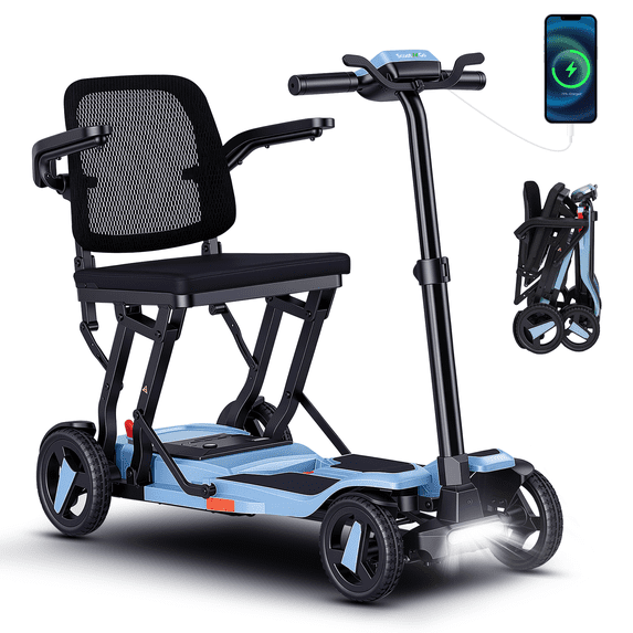 ScootNGo Voyager 33 lbs Lightweight Foldable Mobility Scooter for Seniors & Adult, Airline Approved 4-Wheel Electric Scooter, NFC Unlock, Light Blue