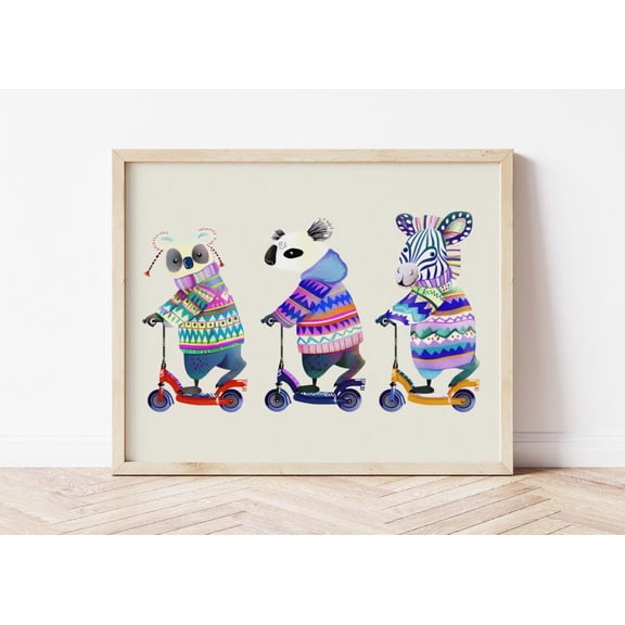 Scooter Animals Nursery Art Poster: Koala, Panda, Zebra, Stretched Canvas Size 12x18