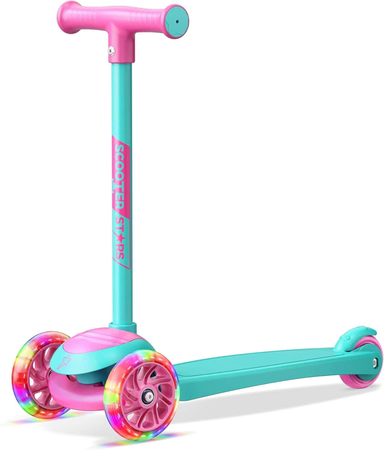 Scooter Stars 3-Wheel Kids Scooter with Light-Up LED Front Wheels, Wide Anti-Slip Deck, Rear Foot Brake, Lean-to-Steer Ride-On Toy