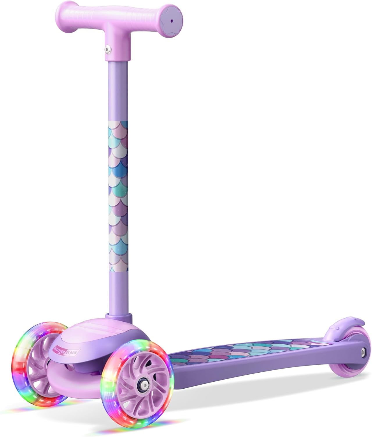 Scooter Stars 3-Wheel Kids Scooter with Light-Up LED Front Wheels, Wide Anti-Slip Deck, Rear Foot Brake, Lean-to-Steer Ride-On Toy