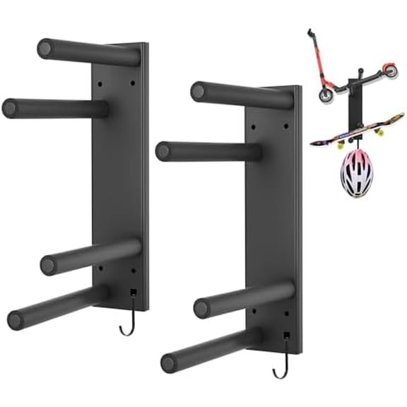 Scooter Wall Mount, Metal Organizer Black Holder for 4 Scooter Vertical Space Saver Rack, Skateboard Wall Mount for Garage, Living Room, Shop (2 Tiers-2 Packs)$$Sport & Recreation Other