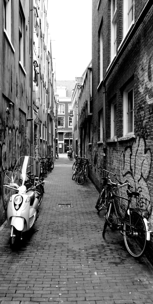 Scooters and bicycles parked in a street Amsterdam Netherlands Canvas Art - Panoramic Images (12 x 24)