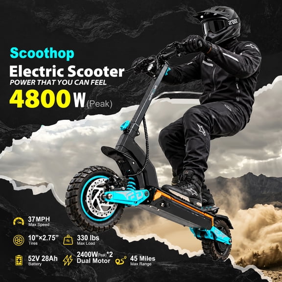 Scoothop G3 Pro High Performance Adult Electric Scooter, 4800W Peak Dual Motor, 135Nm Torque, 37 mph, 52V 28Ah 1456Wh, 10" Off-Road Tires,UL 2272