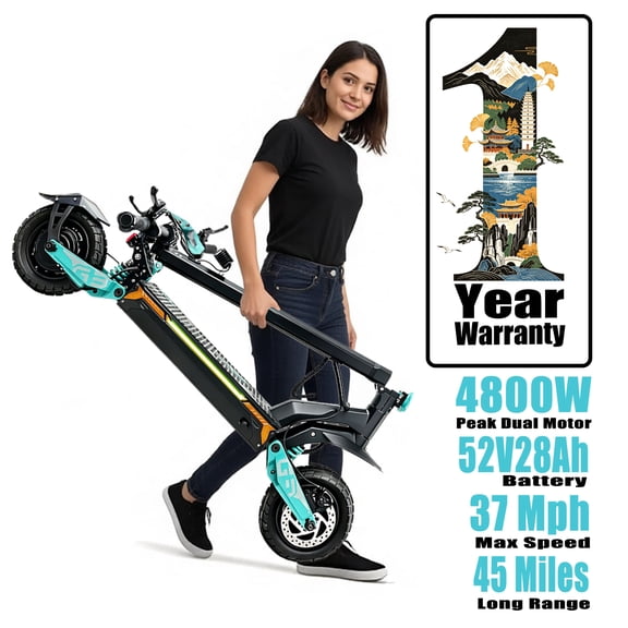 Scoothop offroad Electric Scooter 4800W Peak Dual Motor,52V 28Ah Foldable for Outdoor Use,up to 37 mph & 45 Miles,3Speed,10"All Terrain Tire,UL2272