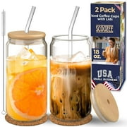 Scoozee 18 Oz Iced Coffee Cups with Bamboo Lids & Glass Straws [2 Pack's]—Perfect for Beer Glasses, Coffee Tumblers, and Housewarming Presents