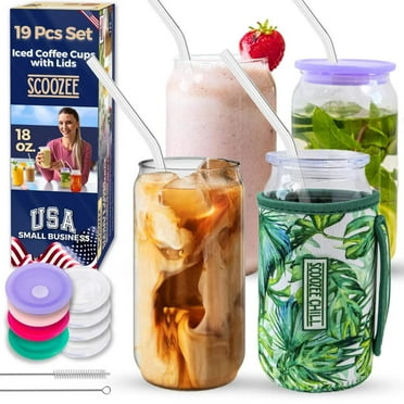 Scoozee 19-Piece Glass Cup Set with Acrylic Lids & Glass Straws – Includes 8 Lids, 4 Straws, 2 Brushes, and 4 Tumblers – Perfect for Iced Coffee, Beer, and Housewarming Gifts
