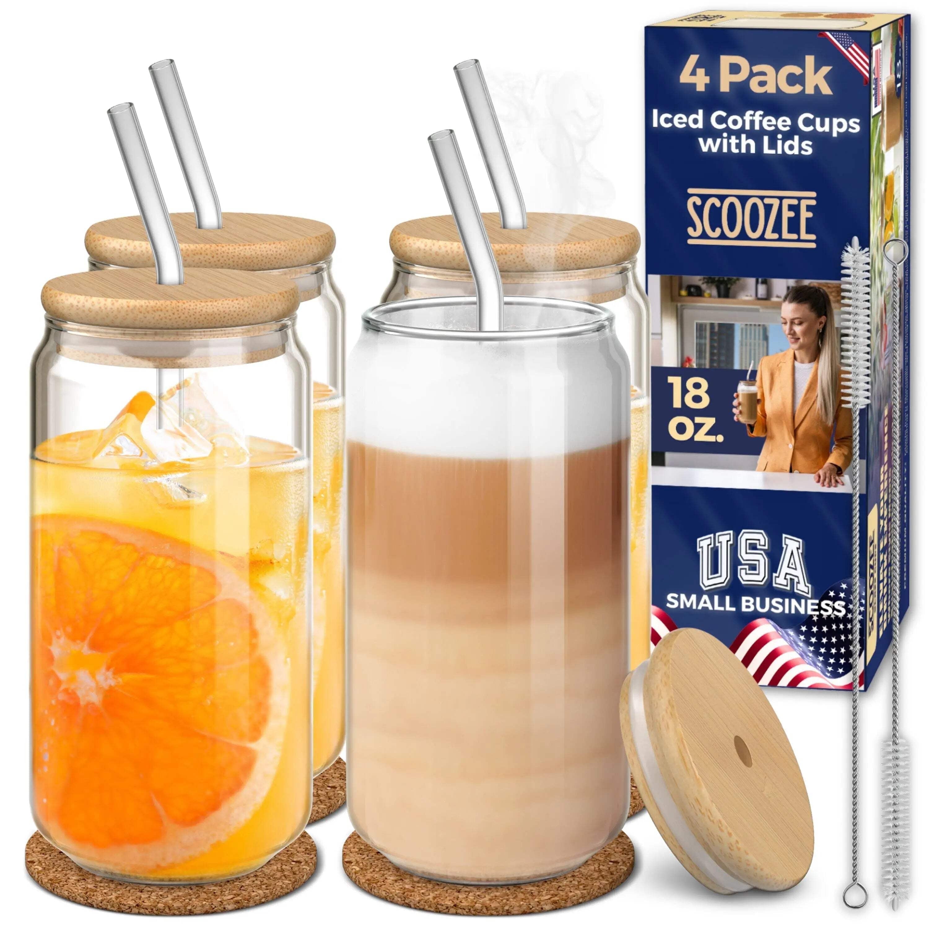 18 Oz Clear Glass Iced Coffee Cups with Bamboo Lids and Straws