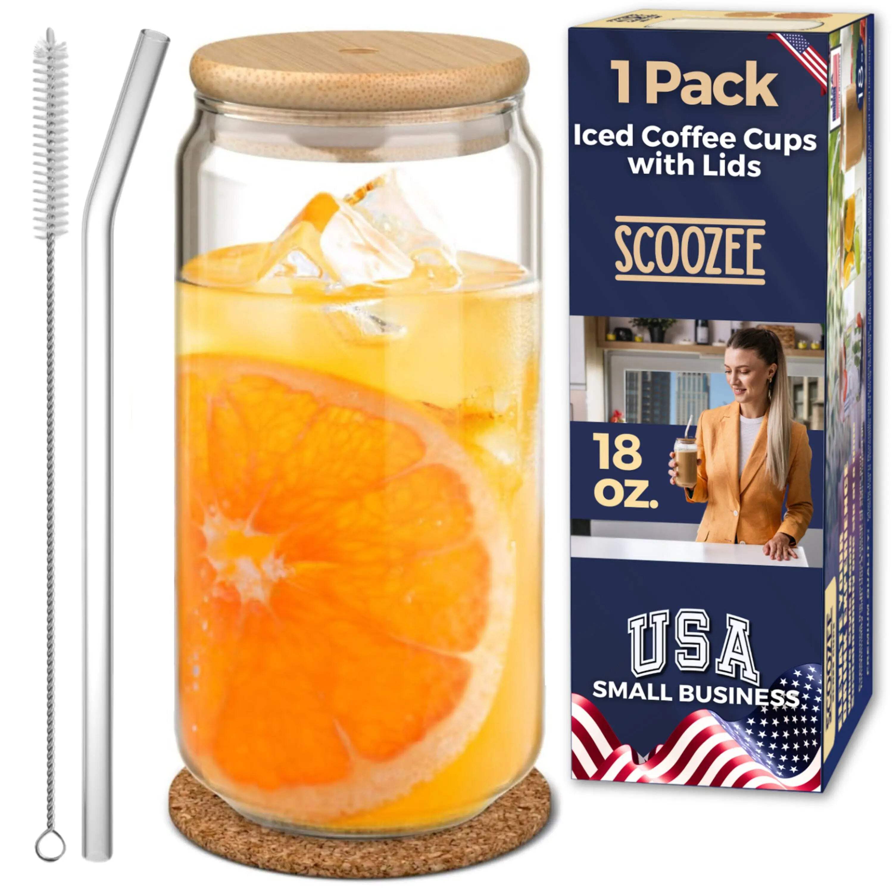 Mainstays Briar Can Glass Drinkware with Lids & Straws, Set of 4
