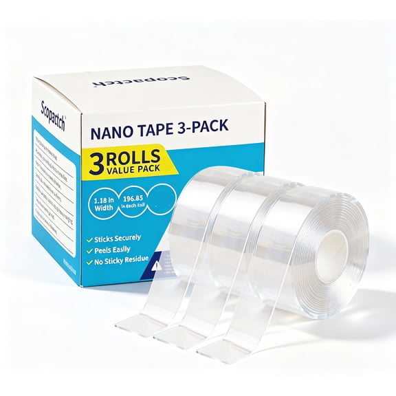 Scopactch Nano Double Sided Tape 3Pack Boxed,Reusable Removable Mounting Tape,clear 1.18 in x 196.85 in each roll