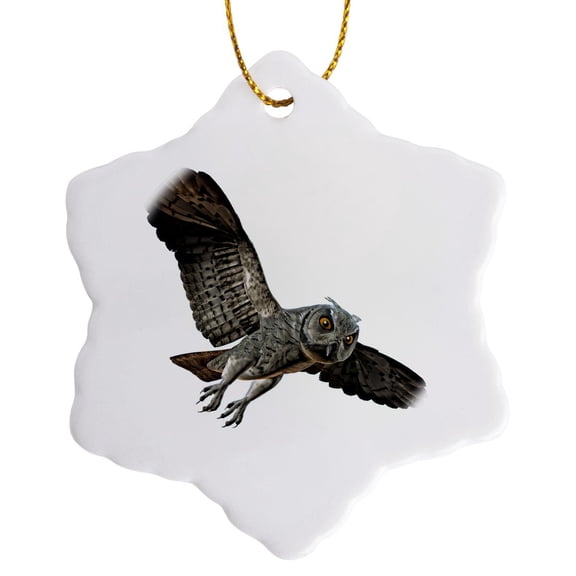 3drose, Scops Owl Gliding, 3 inch Snowflake Porcelain Ornament