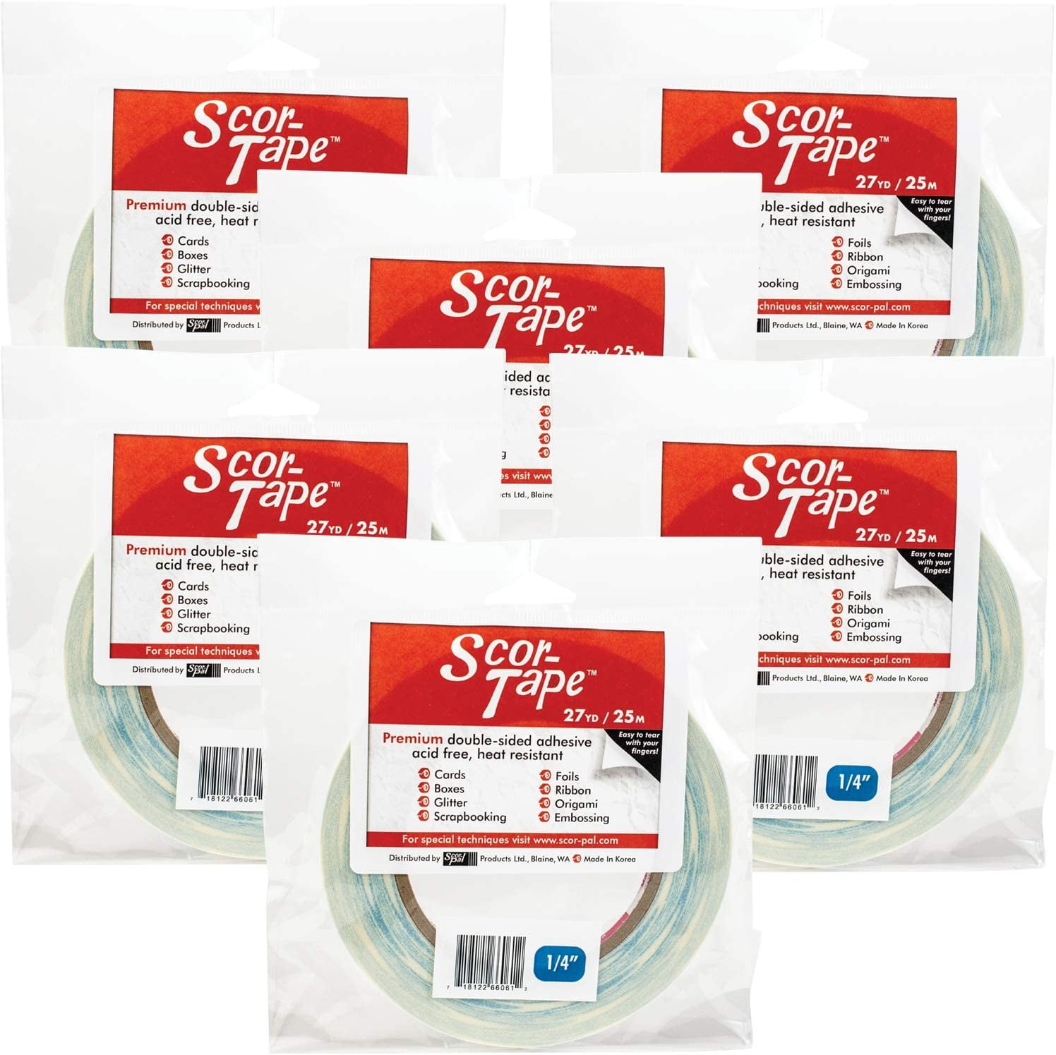 Scor-Pal Scor-Tape Double Sided Adhesive - .25 Inch X 27 Yards, 12 Pack | Acid Free, Heat Resistant Craft Tape