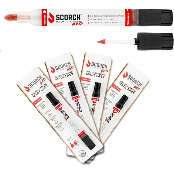 Scorch Marker Pro, Non Toxic Chemical Wood Burning Pen - Heat Sensitive, Double-Sided Marker for Wood and Crafts - Bullet Tip and Foam Brush for Easy Application - New Improved Formula (5 Pack)