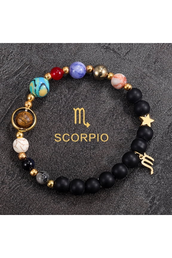 Scorpio 8 Planets Solar System Zodiac Beaded Bracelet, Natural Stone & Black Glass Galaxy Birthday Gift for Women & Men