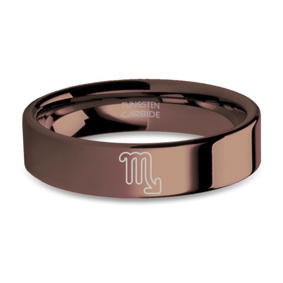 Scorpio Astology Sigil Engraved Copper Brown Polished Tungsten Ring, 6mm, Size 13