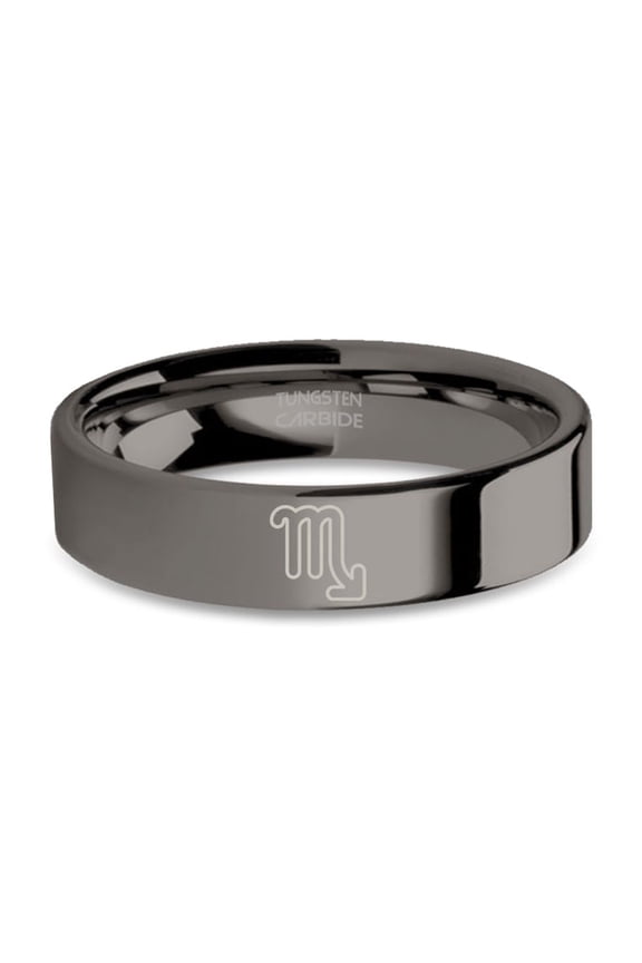 Scorpio Astrological Symbol Laser Engraved Gunmetal Tungsten Ring, 6mm, Size 6.5
