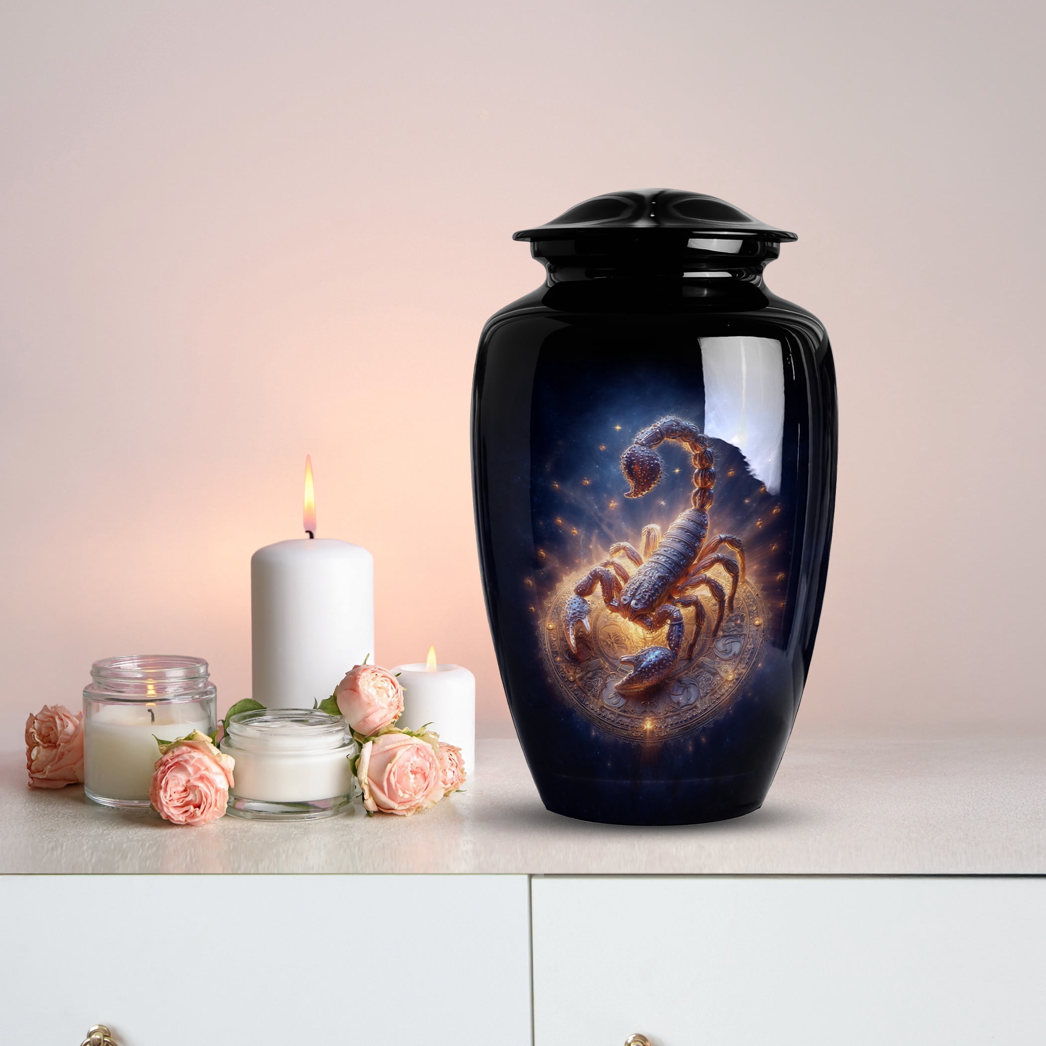 Scorpio Cremation Urns for Human Ashes, Large Ash Urns for Humans Male, Unique Urn for Ashes, Black Urn for Men (Size:- 10" 1 Pc, 3" 1 Pc)