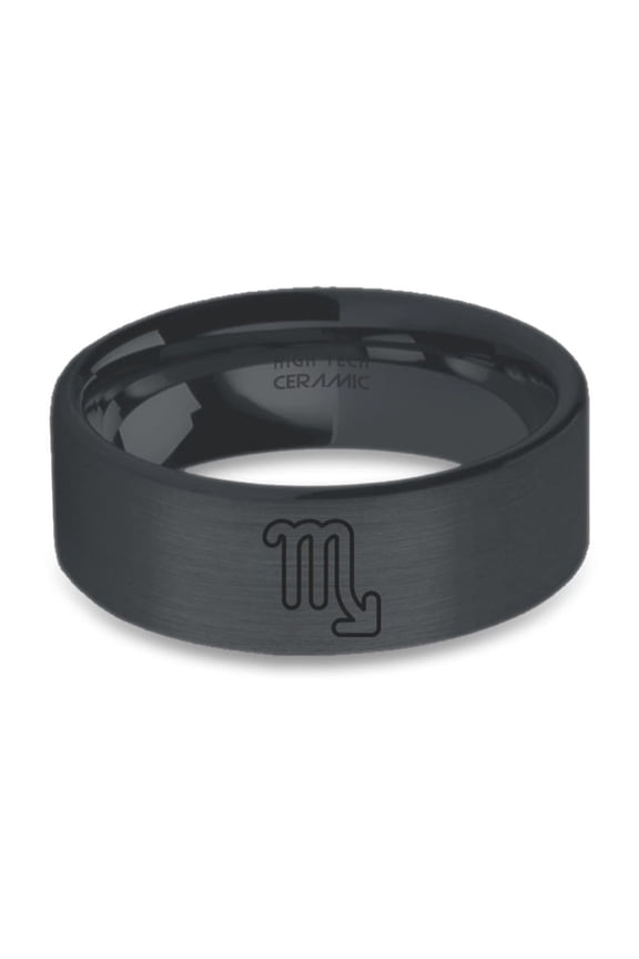 Scorpio Scorpion Engraved Black on Black Brushed Ceramic Ring, 8mm, Size 5