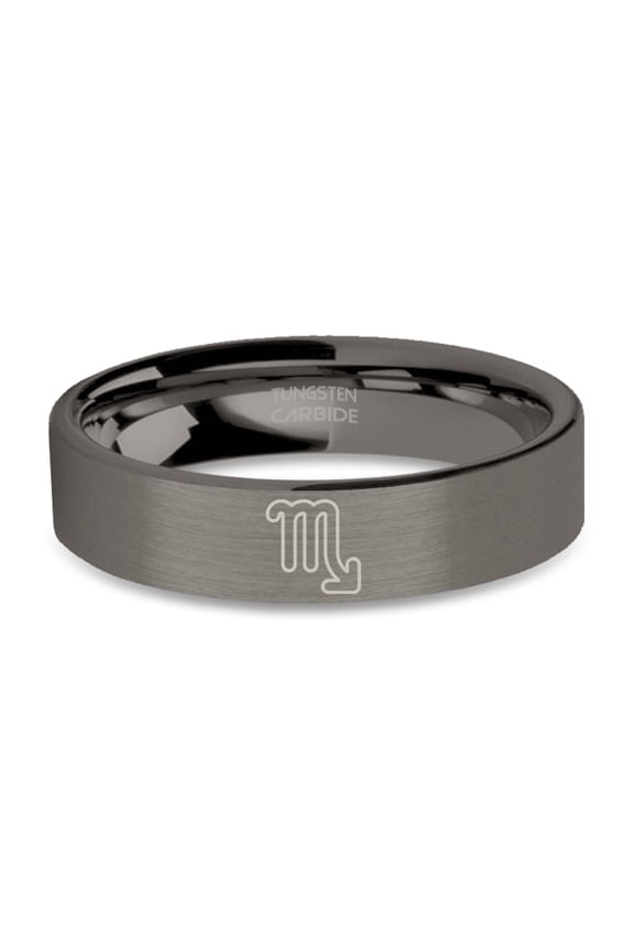 Scorpio Star Sigil Astrology Gunmetal Gray Tungsten Ring, Brushed, 6mm, Size 6