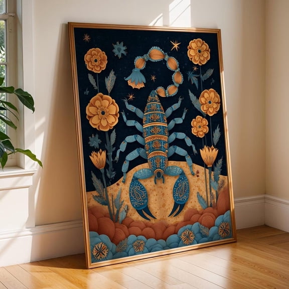 Scorpio Zodiac Art Print | Mexican Folk Art Astrology, Unframed Canvas 12x16in