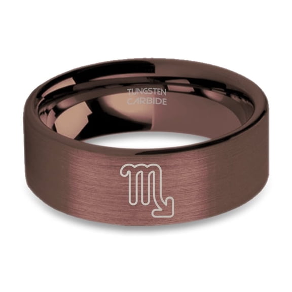 Scorpio Zodiac Symbol Engraved Rustic Brushed Brown Tungsten Ring, 8mm, Size 14.5