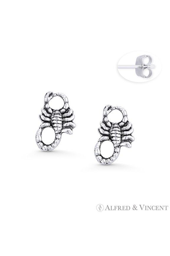 Scorpion Arachnid Zodiac Charm Stud Earrings in Oxidized .925 Sterling Silver
