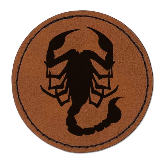 Scorpion Silhouette 2.5" Faux Leather Round Engraved Iron-On Patch - Brown