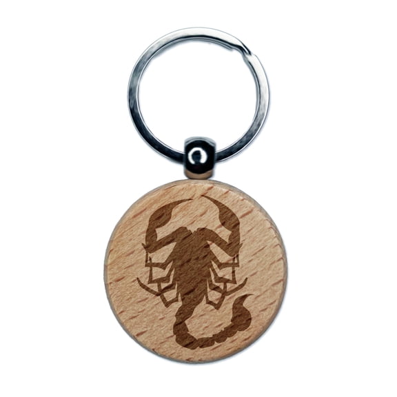 Scorpion Silhouette Round Keychain Charm Tag - Engraved Wood