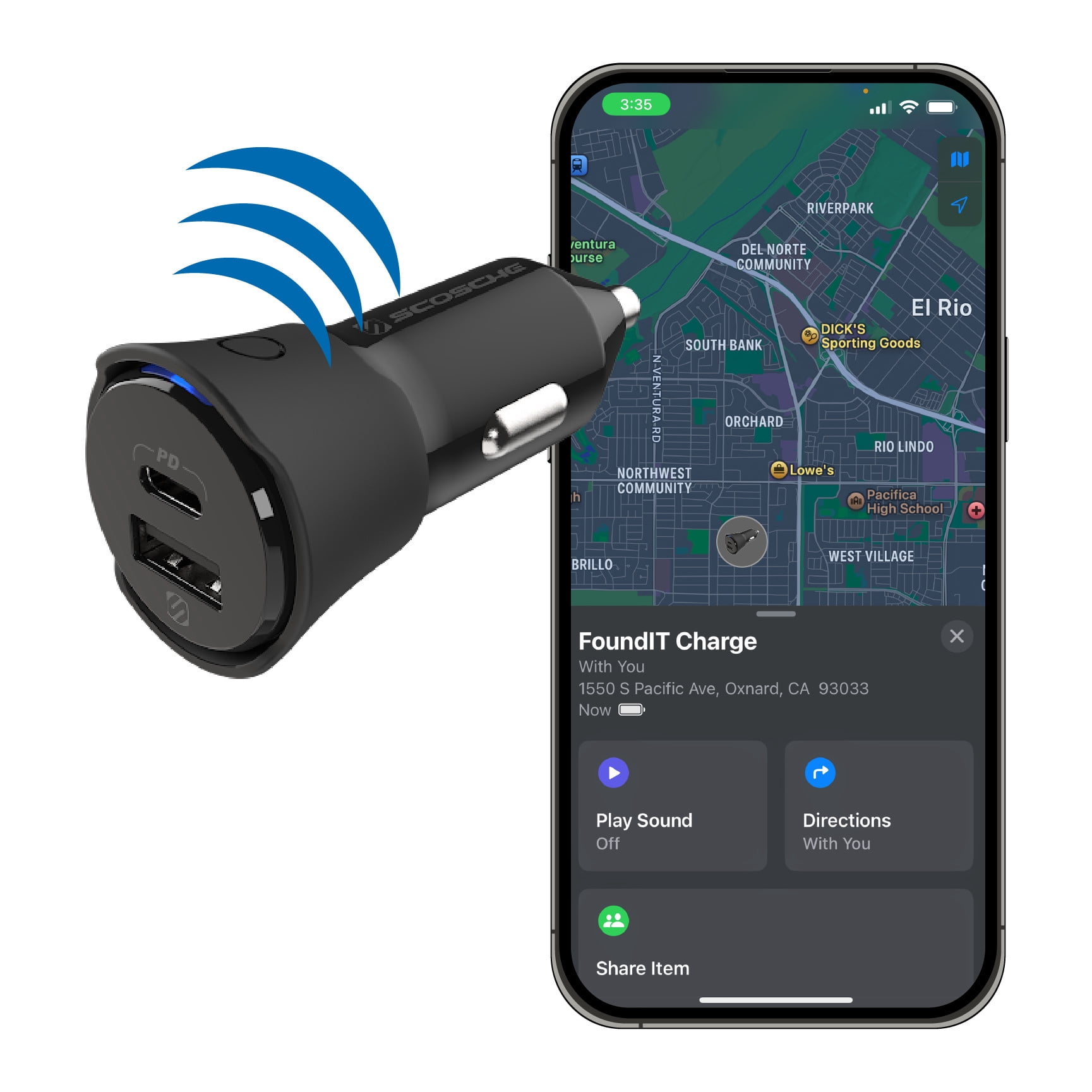 Scosche CPD32LT-1 FoundIT® Charge 32W USB-C & USB-A Charger + Built-in Locator For Apple & Android