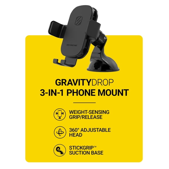 Scosche GHVWD-SP Gravity Drop 3-in-1 Adjustable Rotating Suction Cup/Vent Dash Mount Black
