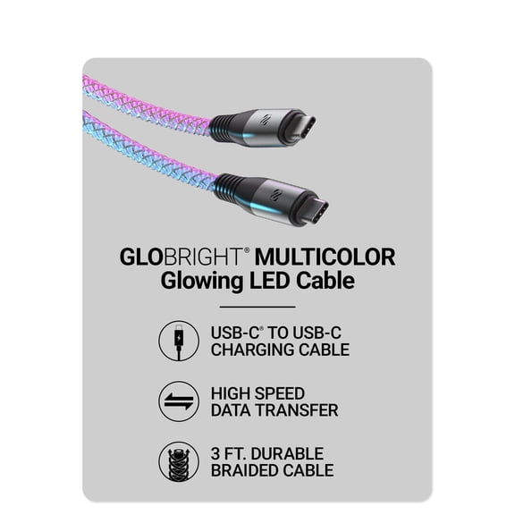 Scosche GLOBRIGHT 60W Fast Charge & Sync USB-C LED Glow Color Changing 3ft Braided Cable SCCBLED3-SK