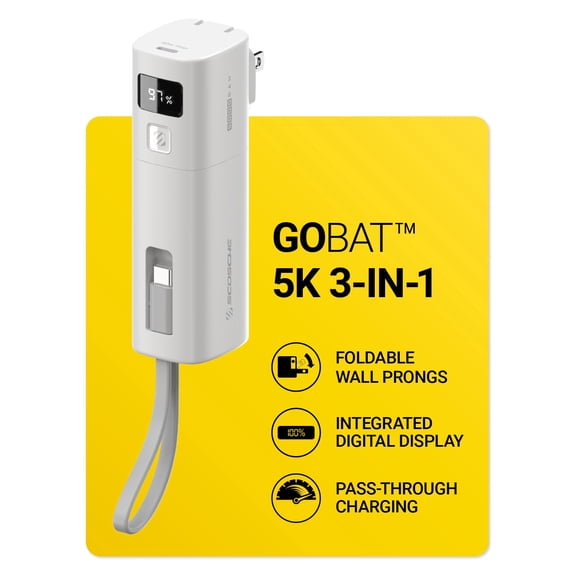 Scosche GoBat 3-in-1 Portable Charger 5,000mAh Power Bank w/ Built-in USB-C Cable & Foldable AC Plug PB5PDACWT-SP
