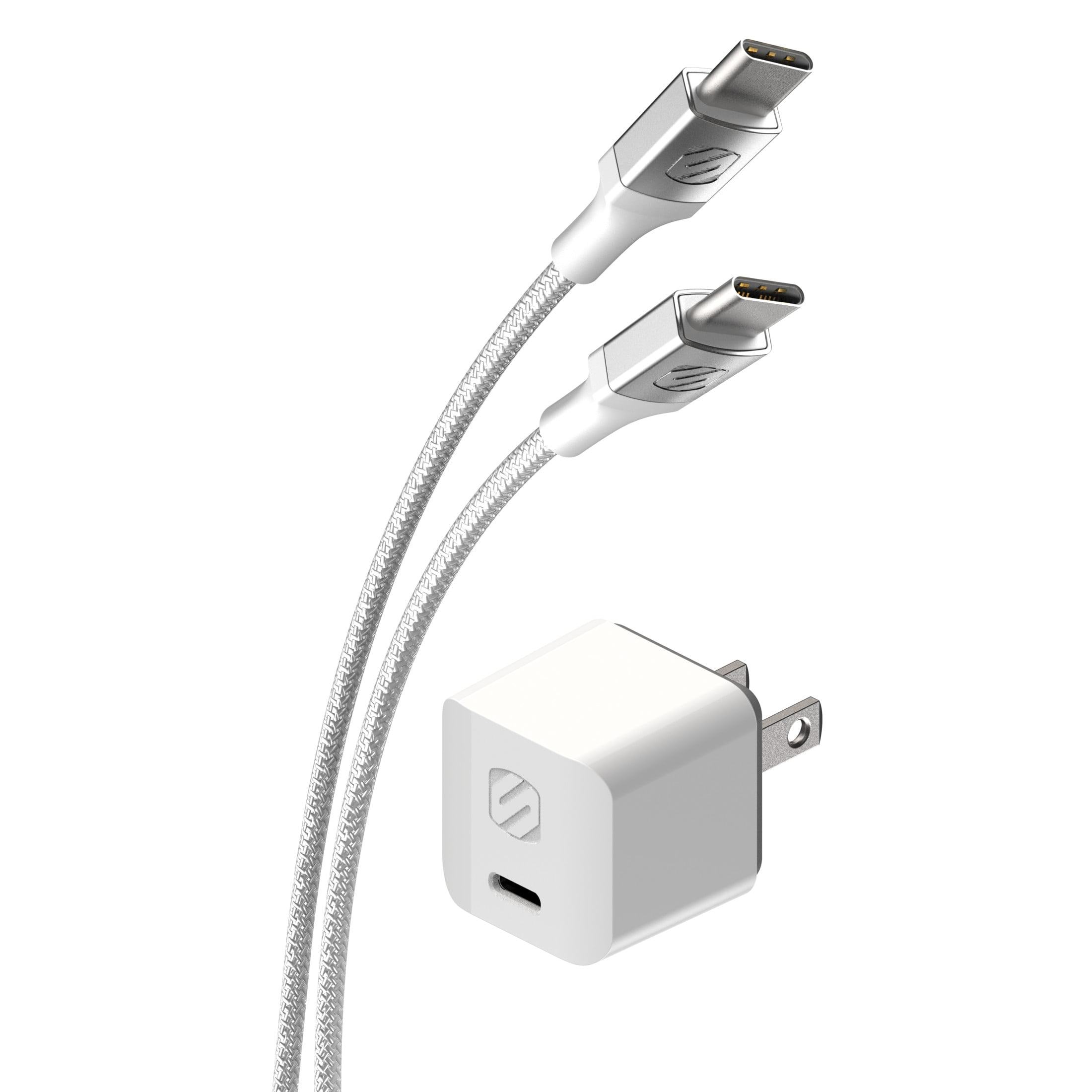 Scosche HPD30CCB8W-SP All In One PowerVolt 30W Mini USB-C Wall Charger and Strikeline 8 ft USB-C to USB-C Braided Charging Cable White