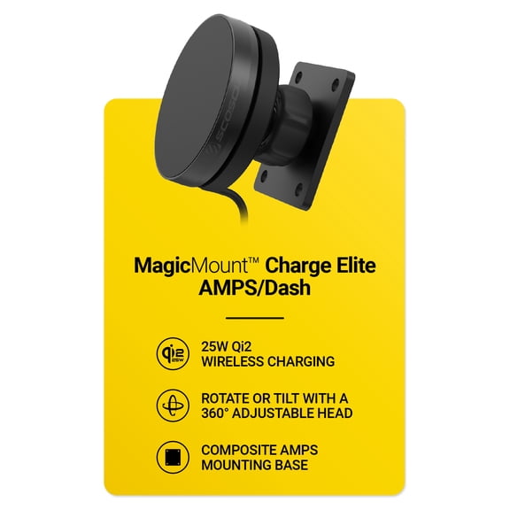 Scosche MagicMount Qi2 25W Wireless Charging Mount w/ AMPS Mounting Plate and 3M Adhevise Dash Base