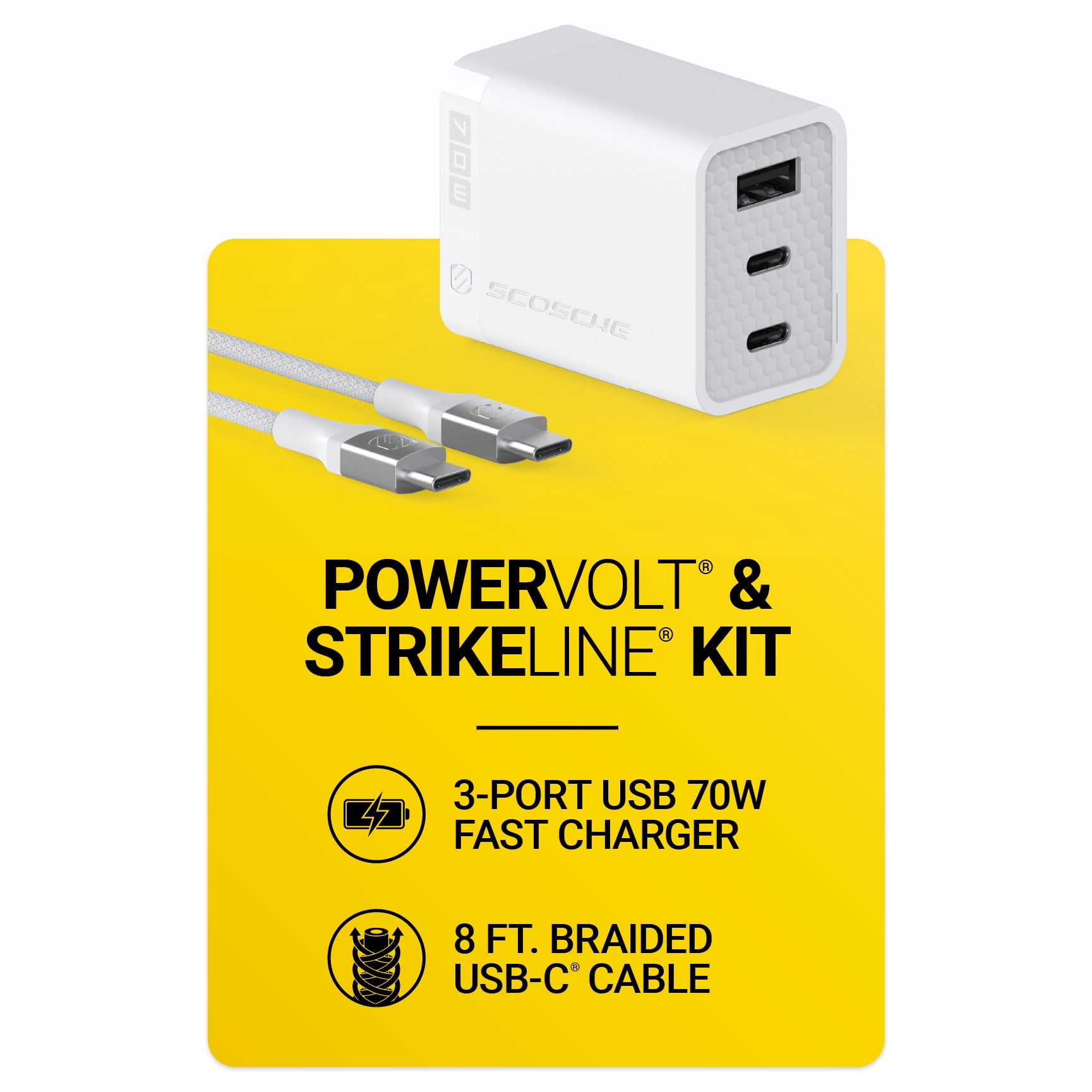Scosche PowerVolt 70W USB-C + USB-A GaN Fast Wall Charger & 8 Ft USB-C Braided Cable SHPD70CCB8W