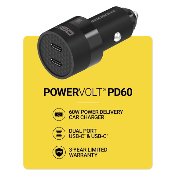 Scosche PowerVolt Dual USB-C Car Charger Certified 60W Fast Charging Compact Universal SCPDCC60-RP
